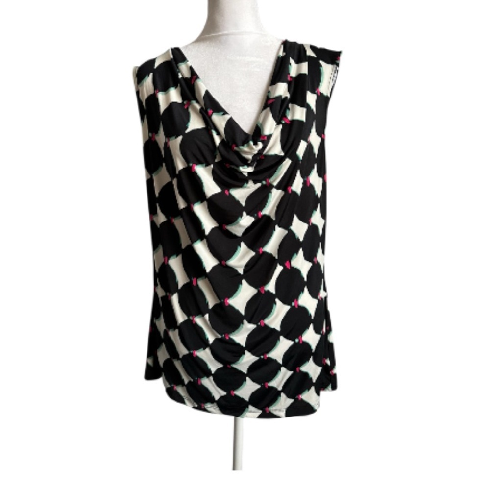 Worthington Sleeveless Black & White Geometric Cowl Neck Top size L stretch
